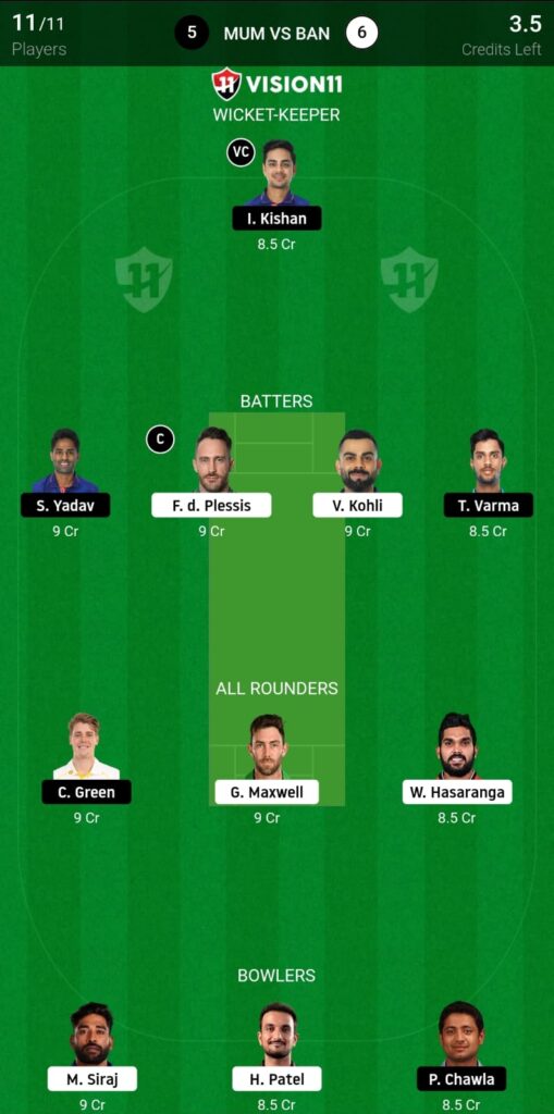 MI VS RCB DREAM 11 FANTASY TEAM PREDICTION IPL 2023 MATCH 54